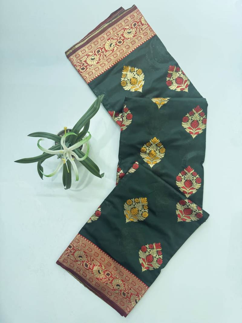 Dark green  color meena weaving buttias and zari weaving  banarasi silk saree