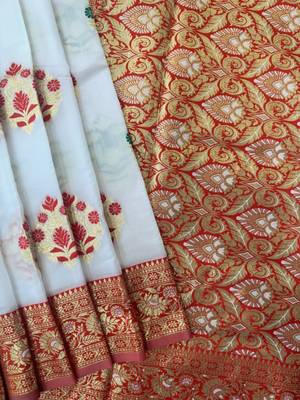 white banarasi silk saree with contrast zari buttis 2