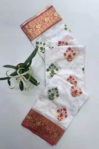 White color meena weaving buttias and zari weaving  banarasi silk saree