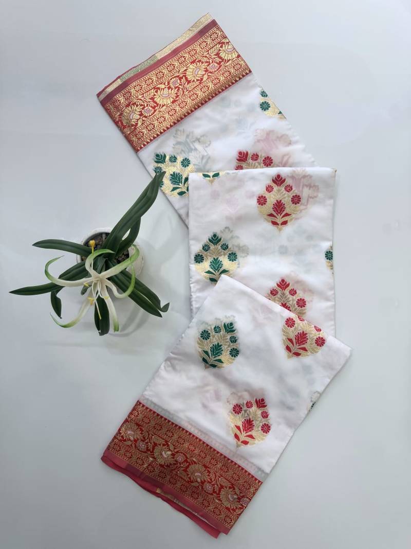 White color meena weaving buttias and zari weaving  banarasi silk saree
