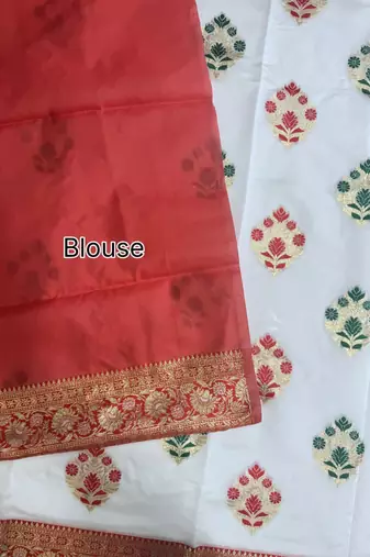 white banarasi silk saree with contrast zari buttis