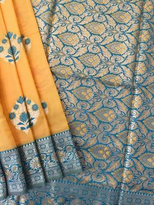 yellow banarasi silk saree with zari woven border 2