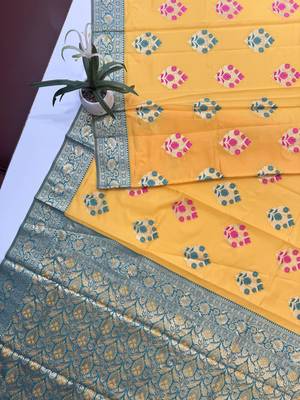 yellow banarasi silk saree with zari woven border 3