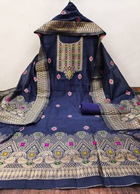 Blue Pure Chanderi Banarasi silk pure zari woven design dress material 4