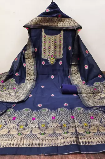 Blue Pure Chanderi Banarasi silk pure zari woven design dress material