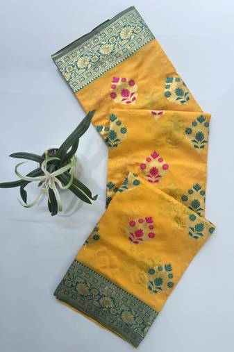Yellow color meena weaving buttias and zari weaving  banarasi silk saree