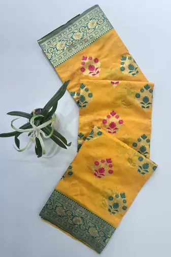 Yellow color meena weaving buttias and zari weaving  banarasi silk saree