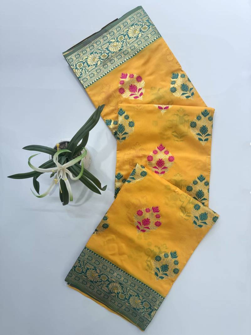 Yellow color meena weaving buttias and zari weaving  banarasi silk saree
