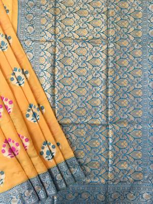 yellow banarasi silk saree with zari woven border 4