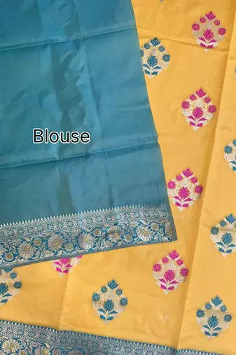 yellow banarasi silk saree with zari woven border