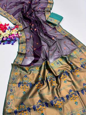 dark purple tissue silk saree with meena zari buttis 1
