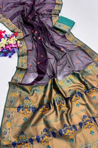 Dark purple color zari and meena woven  tissue silk paithani saree
