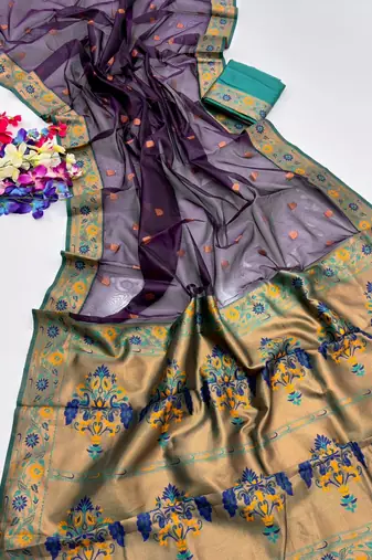 Dark purple color zari and meena woven  tissue silk paithani saree