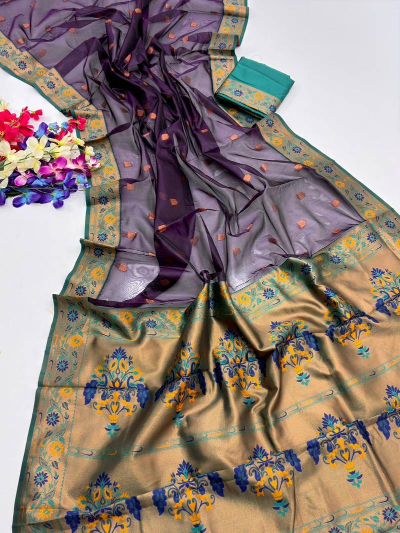 Dark purple color zari and meena woven  tissue silk paithani saree