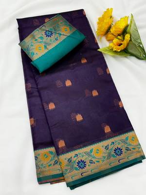dark purple tissue silk saree with meena zari buttis 2