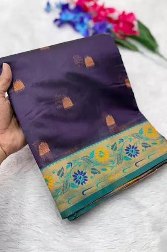 dark purple tissue silk saree with meena zari buttis