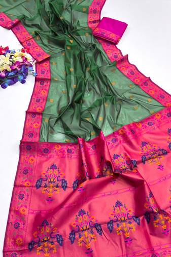 Green color zari and meena woven  tissue silk paithani saree
