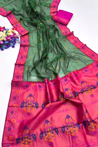 Green color zari and meena woven  tissue silk paithani saree