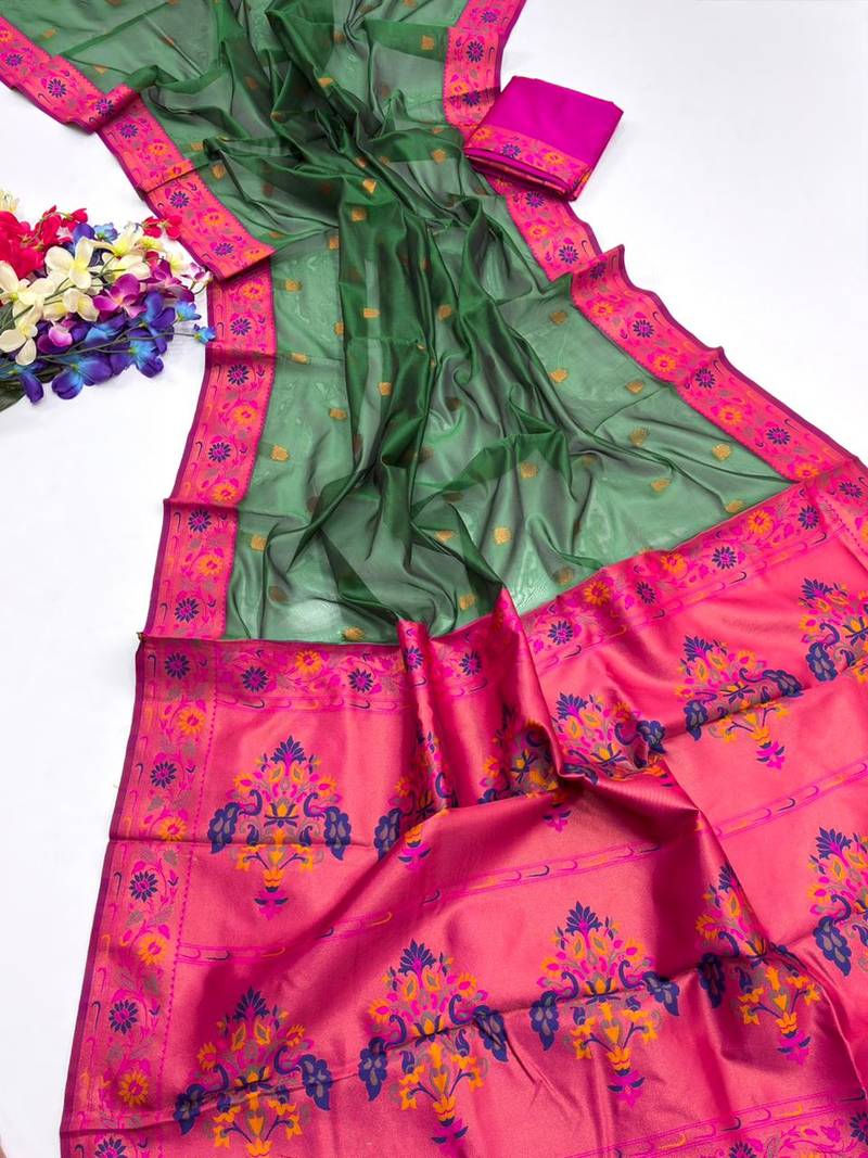 Green color zari and meena woven  tissue silk paithani saree