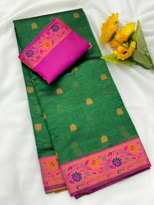 green tissue silk saree with contrast zari border woven 2