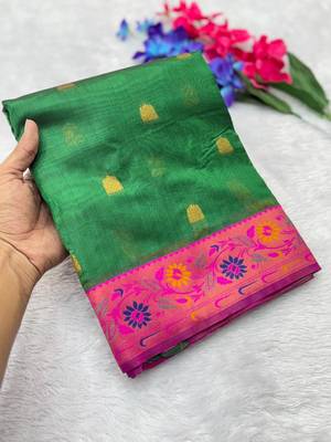 green tissue silk saree with contrast zari border woven 3