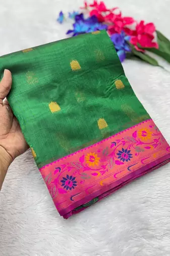 green tissue silk saree with contrast zari border woven