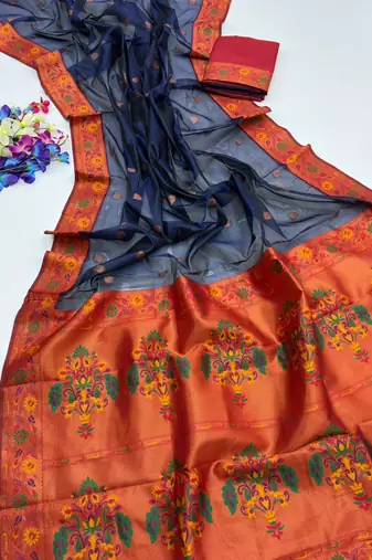 Navy blue color zari and meena woven  tissue silk paithani saree
