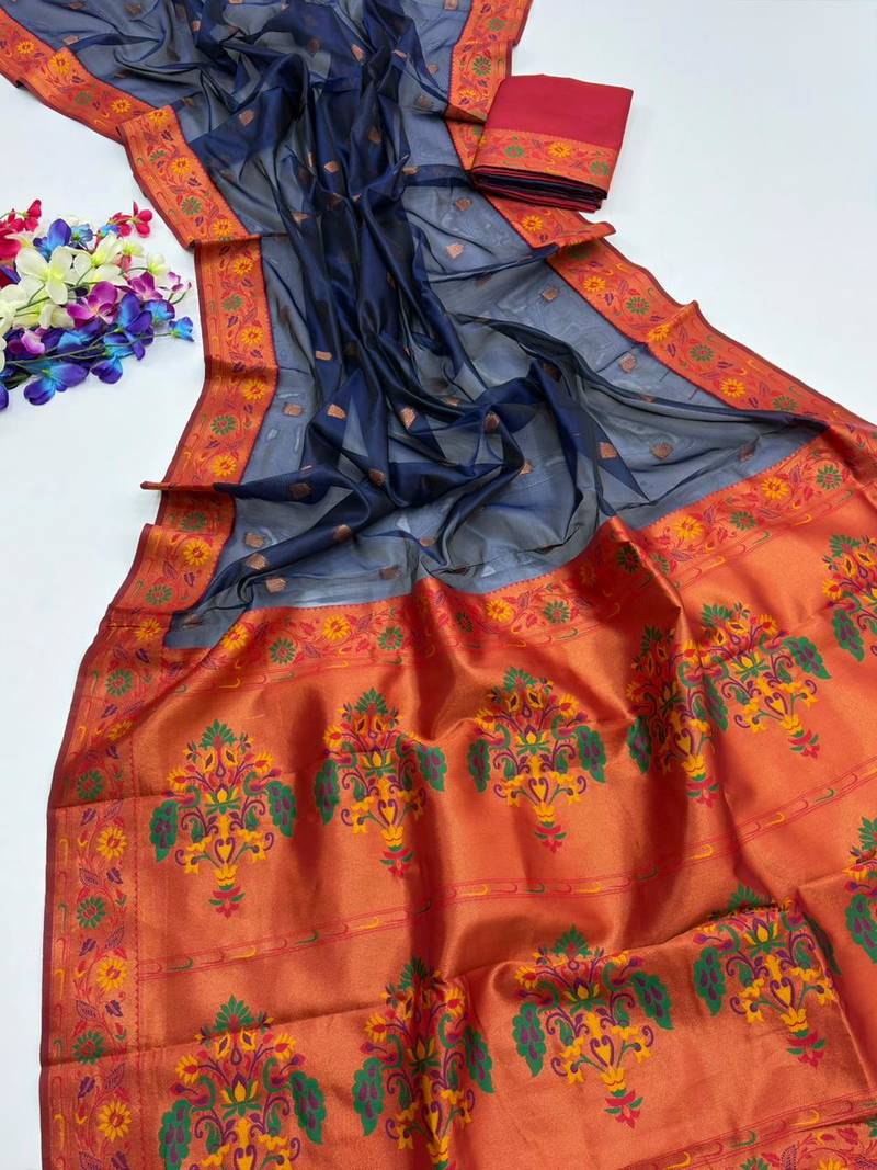 Navy blue color zari and meena woven  tissue silk paithani saree