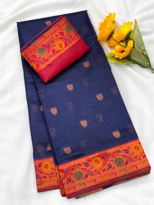navy blue tissue silk saree with meena zari border 2