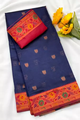 navy blue tissue silk saree with meena zari border