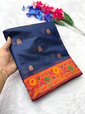 navy blue tissue silk saree with meena zari border 3