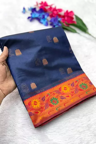 navy blue tissue silk saree with meena zari border