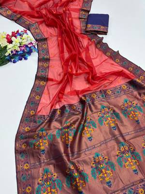 red tissue silk saree with zari woven paithani pallu 1