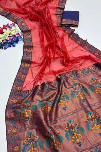 Red color zari and meena woven  tissue silk paithani saree