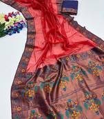 Red color zari and meena woven  tissue silk paithani saree