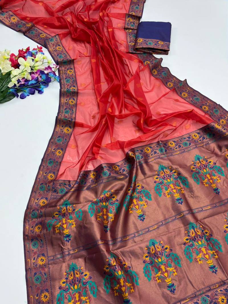 Red color zari and meena woven  tissue silk paithani saree