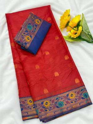 red tissue silk saree with zari woven paithani pallu 2