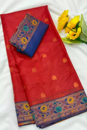 red tissue silk saree with zari woven paithani pallu