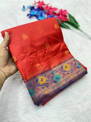 red tissue silk saree with zari woven paithani pallu 3