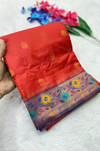 red tissue silk saree with zari woven paithani pallu