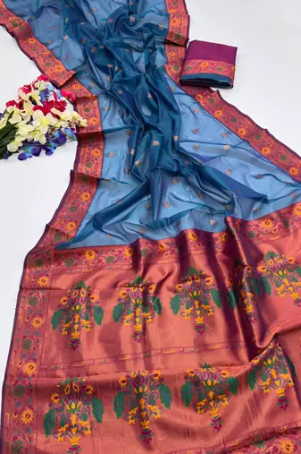 Teal color zari and meena woven  tissue silk paithani saree