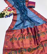 Teal color zari and meena woven  tissue silk paithani saree