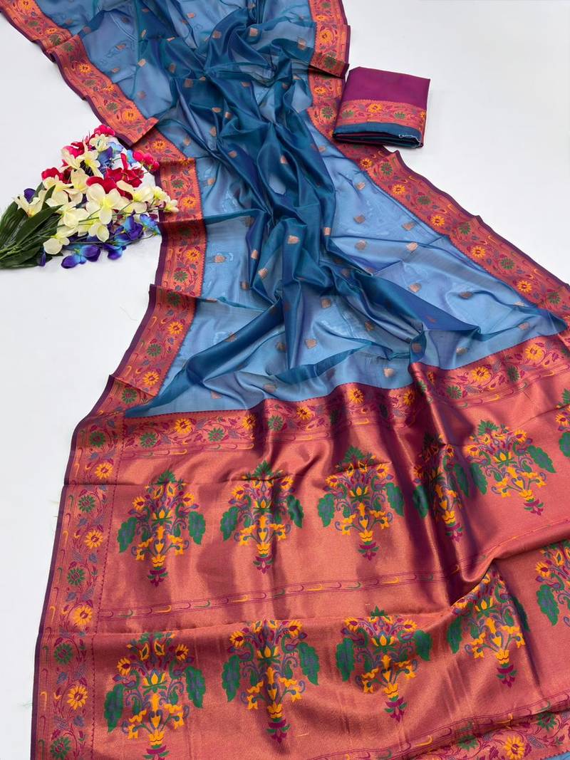 Teal color zari and meena woven  tissue silk paithani saree