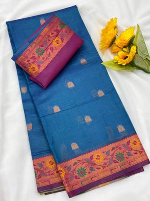 teal tissue silk paithani saree with contrast pallu woven 2