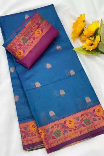 teal tissue silk paithani saree with contrast pallu woven