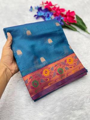teal tissue silk paithani saree with contrast pallu woven 3