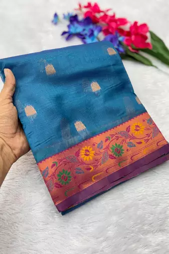 teal tissue silk paithani saree with contrast pallu woven