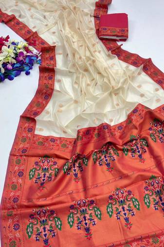 White color zari and meena woven  tissue silk paithani saree
