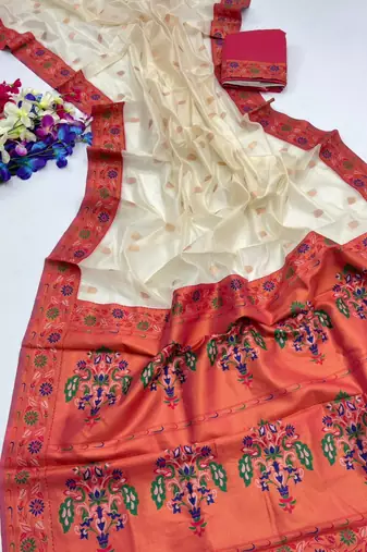 White color zari and meena woven  tissue silk paithani saree
