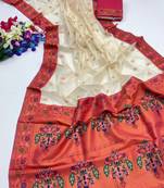 White color zari and meena woven  tissue silk paithani saree